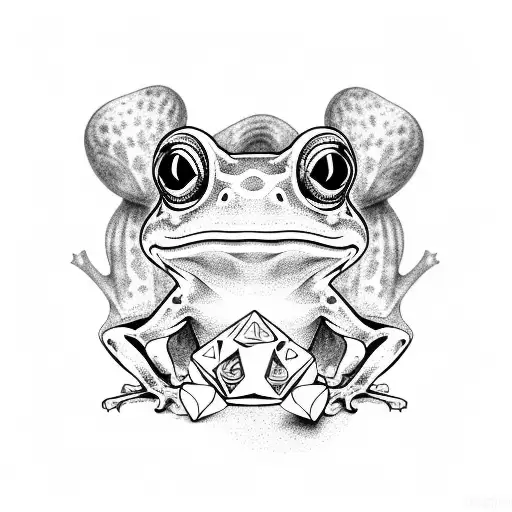 Frog playing with dnd dice in a field of wild mushrooms tattoo design idea