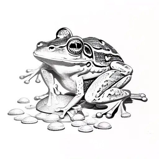 Frog playing with dnd dice in a field of wild mushrooms tattoo design idea