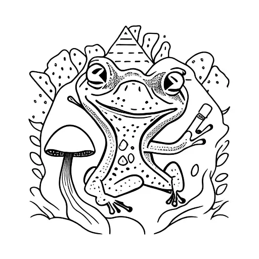 Frog playing with dnd dice in a field of wild mushrooms tattoo design idea