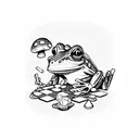Frog playing with dnd dice in a field of wild mushrooms tattoo design idea