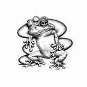 Frog playing with dnd dice in a field of wild mushrooms tattoo design idea