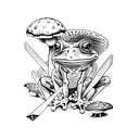 Frog playing with dnd dice in a field of wild mushrooms tattoo design idea