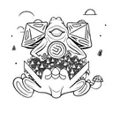 Frog playing with dnd dice in a field of wild mushrooms tattoo design idea