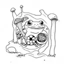 Frog playing with dnd dice in a field of wild mushrooms tattoo design idea