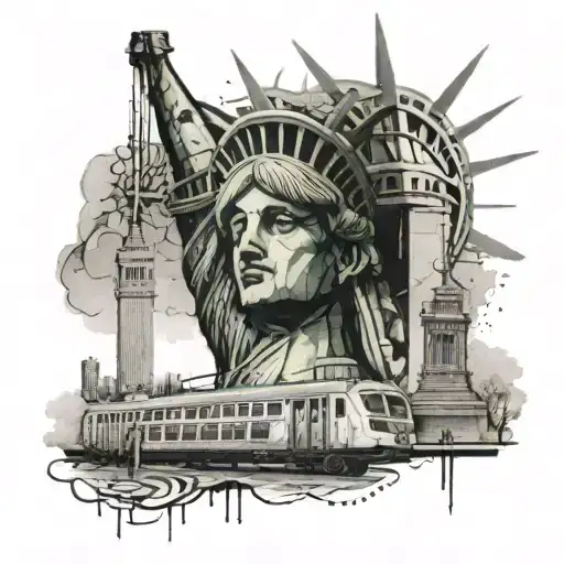 Create a tattoo featuring a graffiti-inspired hip hop scene with subway trains in the background, the statue of liberty  tattoo design idea