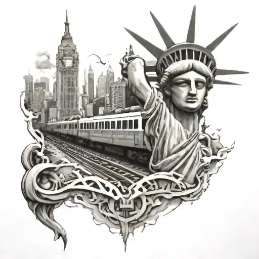 Create a tattoo featuring a graffiti-inspired hip hop scene with subway trains in the background, the statue of liberty  tattoo design idea