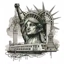 Create a tattoo featuring a graffiti-inspired hip hop scene with subway trains in the background, the statue of liberty  tattoo design idea