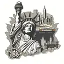 Create a tattoo featuring a graffiti-inspired hip hop scene with subway trains in the background, the statue of liberty  tattoo design idea