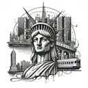 Create a tattoo featuring a graffiti-inspired hip hop scene with subway trains in the background, the statue of liberty  tattoo design idea