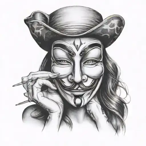 woman holding anonymous mask tattoo design idea