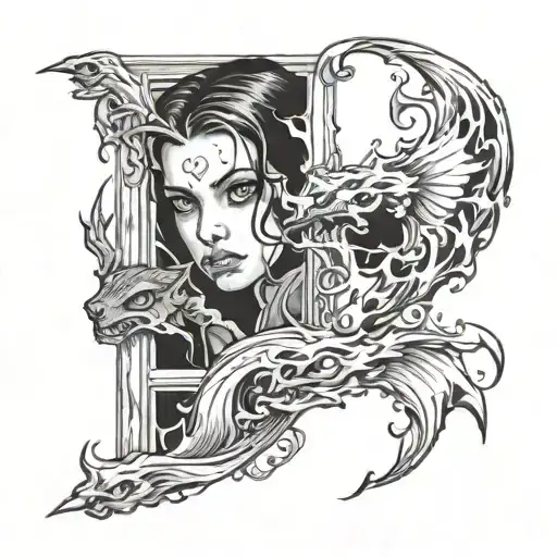 (Young girl in a window), fierce expression, (evil eyes), flames flickering behind her, poised to step down, tattoo design idea