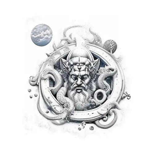 poseidon numa onda gigante com a caravela, e o cracker polvo gigante tentando segurar a caravela  tattoo design idea