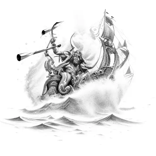 poseidon numa onda gigante com a caravela, e o cracker polvo gigante tentando segurar a caravela  tattoo design idea