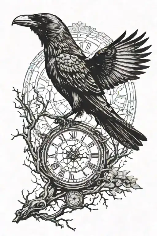 crow mid flight holding a timepiece with dead trees like veins  tattoo design idea