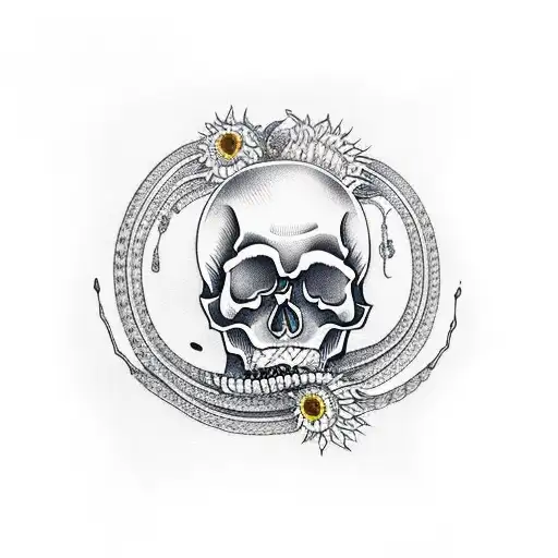 skull with sunflowers and snakes tattoo design idea