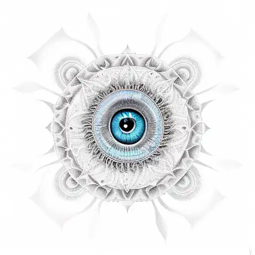 an eye in the middle of the chest and from it rays go outwards like sunbeams from mandalas and its in the sky with cloud tattoo design idea