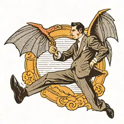 man with bat wings wearing formal suit while fighting a snake tattoo design idea