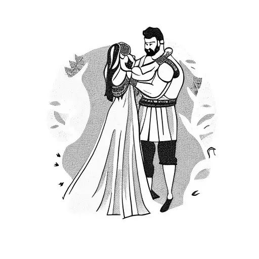 strong man and a beautiful woman dressed in Bulgarian troditional clothes hugging in a magical forest tattoo design idea