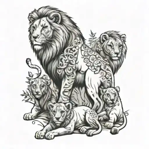 half sleeve male lion with 2 lion cubs and woodland tattoo design idea