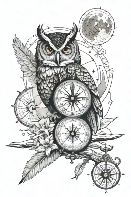 owl, compass, beach and the moon tattoo design idea