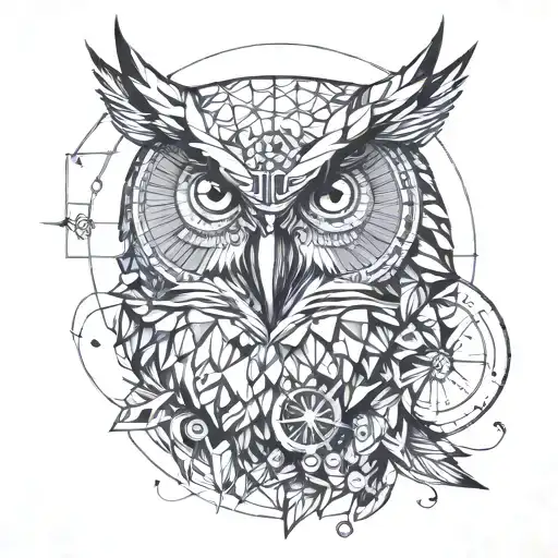 owl head with compass and moon in one integrated design tattoo design idea