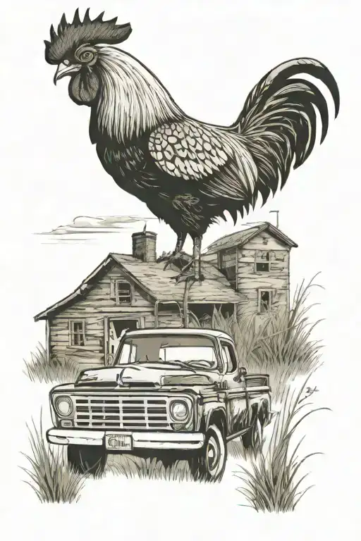 Old school pickup truck parked in a dead grassy feild with a rooster standing on the hood  tattoo design idea