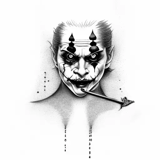 A mesmerizing dotwork tattoo showcasing a Joker face and a woman provocatively licking a sword tattoo design idea