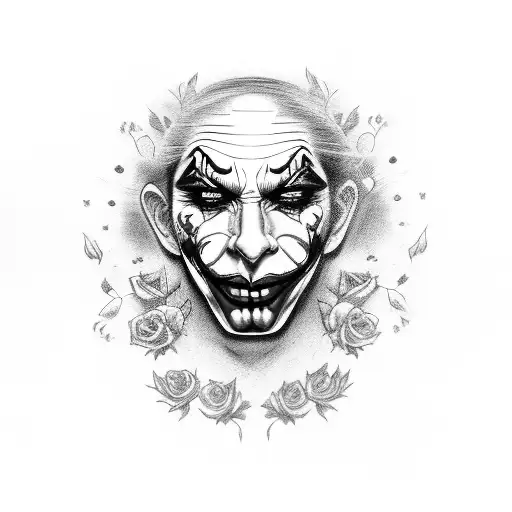 Chicano-inspired Joker face woman with roses tattoo design idea