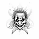 A mesmerizing dotwork tattoo showcasing a Joker face and a woman provocatively licking a sword tattoo design idea