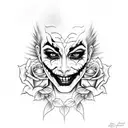 Chicano-inspired Joker face woman with roses tattoo design idea