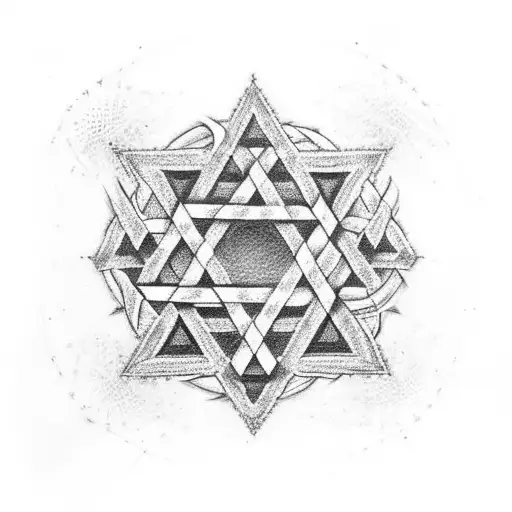 A dotwork representation of the Star of David surrounded by Jewish symbols tattoo design idea