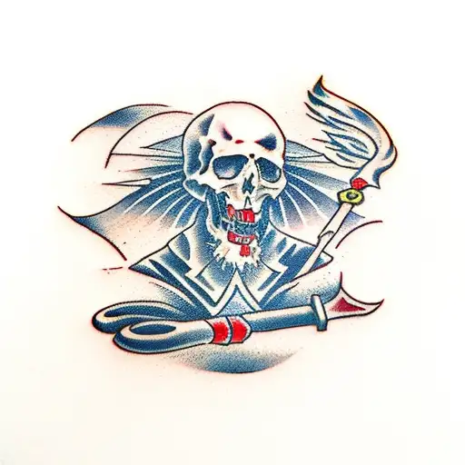 man hung on the blade of scythe tattoo design idea