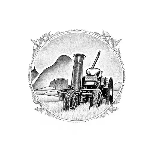Agricultural landscape with a majestic Ford 6600 tractor tattoo design idea