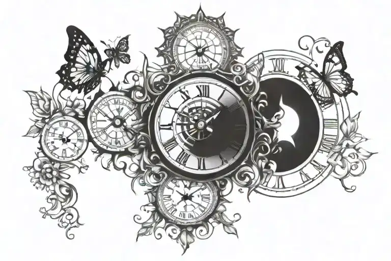 a tattoo of the sun with butterflies and clock surrounded tattoo design idea