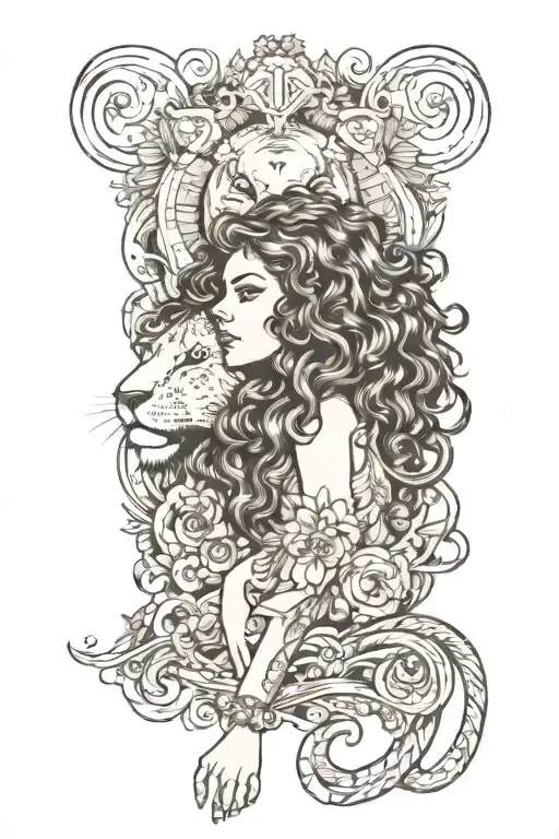 for the tattoo design I want a big lion and I want a woman who loves this lion, this woman can have curly hair and look  tattoo design idea