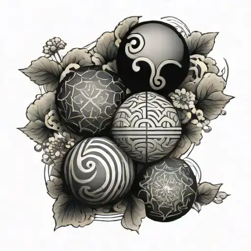 Main Design: Three spheres arranged along the right arm, connected by a thin. tattoo design idea