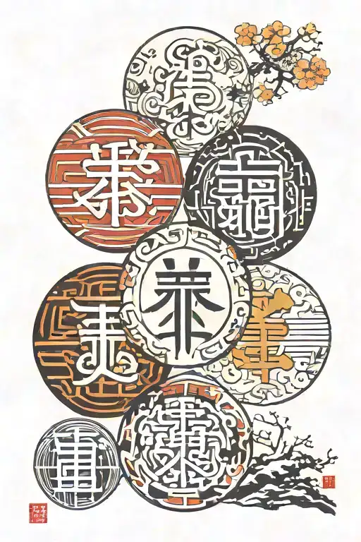 The top sphere contains the kanji for "Fortune" The middle contains the kanji for "Courage" The bottom contains "kaizen" tattoo design idea