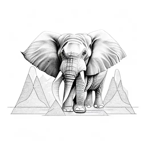 Elephant with trunk raised up, mountains, airplane, skyscrapers, sea tattoo design idea