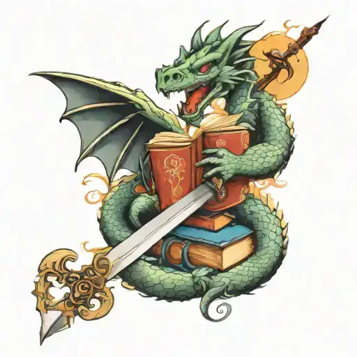books, dragons and sword tattoo design idea