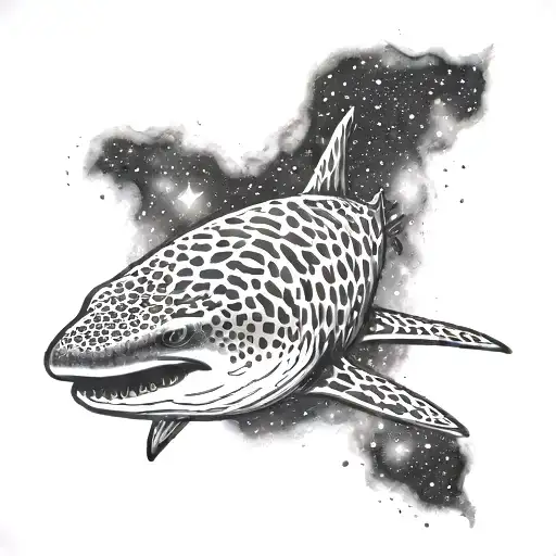 An intricate tattoo design of a whale shark swimming through a nebula in space, symbolizing the client's love for the ocean and space tattoo design idea