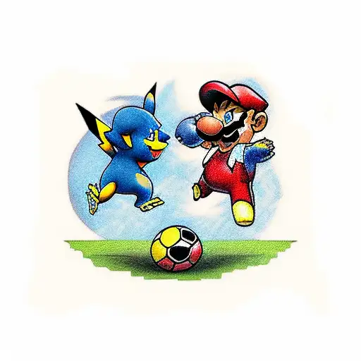 Create a traditional tattoo of Pikachu and Mario playing soccer tattoo design idea