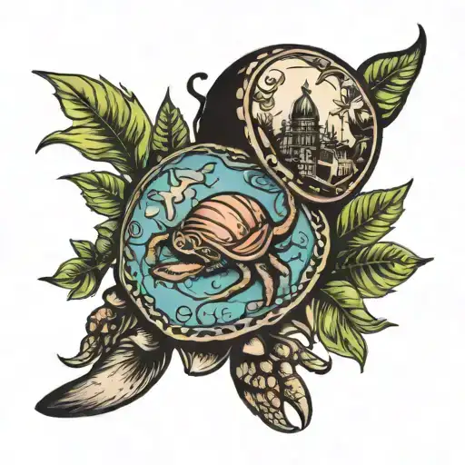 hermit crab surrounded travel landmarks representing places tattoo design idea