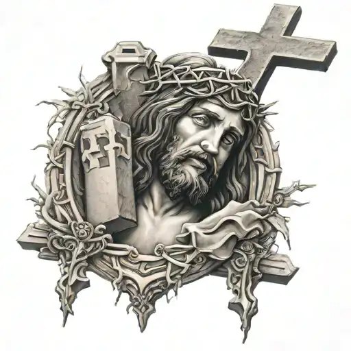 jesus 3 crosses and tomb stone tattoo design idea