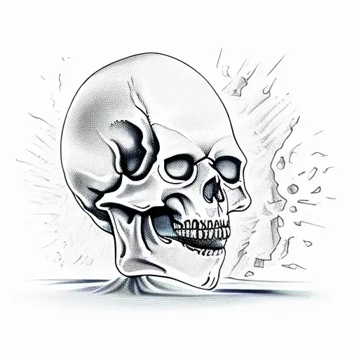 * Skeleton with cracked skull and a little bit of blood driving a boat that is crunched up like it crashed tattoo design idea