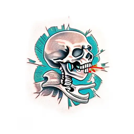 skeleton with cracked skull driving crashed boat tattoo design idea