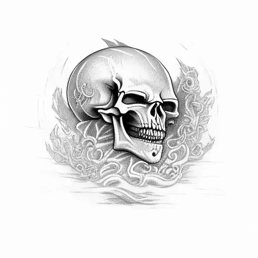 * Skeleton with cracked skull and a little bit of blood driving a boat, with a dolphin following it and some fog, tattoo design idea