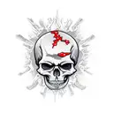 * Skeleton with cracked skull and a little bit of blood driving a boat that is crunched up like it crashed tattoo design idea