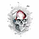 * Skeleton with cracked skull and a little bit of blood driving a boat that is crunched up like it crashed tattoo design idea