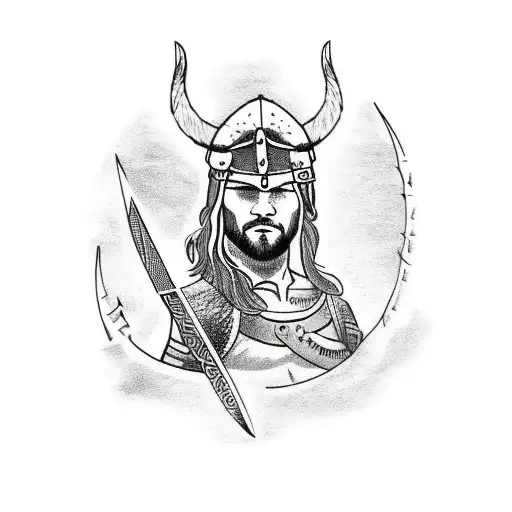 A fierce Viking warrior with a raven perched on his shoulder, surrounded by intricate runes tattoo design idea