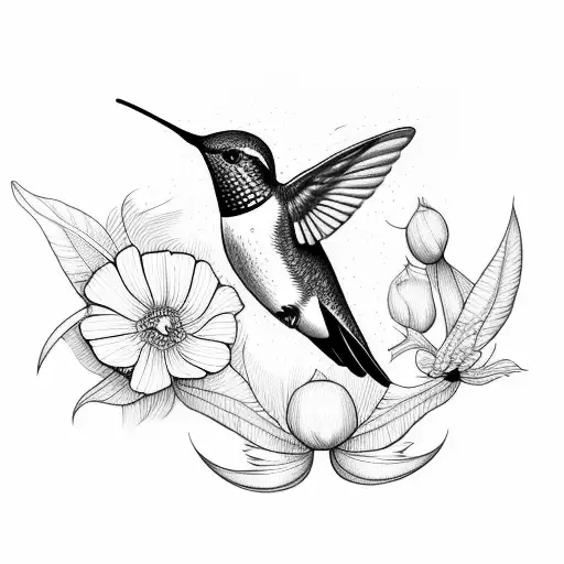 hummingbird flower lines tattoo design idea